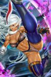  1girl abs animal_ears asymmetrical_gloves bare_shoulders blue_thighhighs blurry blurry_background boku_no_hero_academia bra breasts chain fur_collar gloves grey_bra grey_hair hair_between_eyes highleg lace-trimmed_bra lace_trim leg_up long_hair mirko mismatched_gloves muscular muscular_female navel_piercing neoartcore orange_gloves piercing rabbit_ears red_eyes solo superhero tan thighhighs two-tone_gloves underwear 