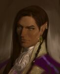  1boy brown_hair castlevania castlevania:_nocturne dark-skinned_male dark_skin earrings green_eyes high_collar highres jewelry kt_(kloysius) long_hair looking_at_viewer male_focus olrox pointy_ears portrait seductive_smile single_earring smile solo thick_lips 