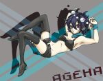  1girl ageha_(pop&#039;n_music) armpits black_bra black_shorts black_thighhighs blue_scarf blue_wristband boots bra character_name drop_shadow ear_piercing grey_background navel no_panties open_fly piercing pop&#039;n_music purple_eyes rinne_(ringe) scarf short_hair short_shorts shorts solo thigh_boots thighhighs underwear 