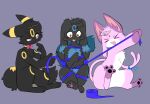  &gt;o&lt; 3_toes 4_fingers ambiguous_gender anthro aster_(umbreon) black_nose blue_body blue_fur bound eeveelution espeon eyes_closed feet fingers forehead_gem fur generation_2_pokemon greyscale group hi_res kailia_(espeon) male monochrome nilo_(umbreon) nintendo open_mouth pawpads paws pink_eyes playing pokemon pokemon_(species) purple_body purple_fur ribbons sitting tape toes trio umbreon unknown_artist yellow_body yellow_eyes yellow_fur 