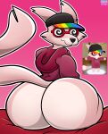  anthro big_butt black_nose bottomless butt butt_focus canid canine clothed clothing eyewear fox fur glasses hat headgear headwear hi_res hoodie hoodie_only lgbt_pride looking_back male mammal multicolored_clothing on_surface pantsless pink_background pink_body pink_fur pixile_studios pride_colors rainbow_clothing rainbow_pride_colors rainbow_symbol red_clothing red_hoodie red_topwear simple_background solo solo_focus spacebunnygoxe spiral_eyes super_animal_royale topwear topwear_only 