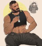  2boys arm_hair artist_name bara beard black_choker black_hair black_pants call_of_duty call_of_duty:_modern_warfare_2 choker chris_sdd crop_top facial_hair ghost_(modern_warfare_2) highres jewelry large_pectorals male_focus multiple_boys muscular muscular_male navel navel_hair necklace open_mouth pants pectorals short_hair sidecut sitting soap_(modern_warfare_2) 