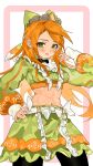  1girl bow crop_top etie_(fire_emblem) fire_emblem fire_emblem_engage gbbgb321 green_eyes hair_bow hair_ornament hand_on_own_hip highres long_hair long_sleeves midriff navel orange_hair ribbon skirt solo stomach tiara 