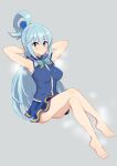  1girl absurdres aqua_(konosuba) armpits arms_behind_head bare_arms barefoot blue_eyes blue_hair blue_shirt blue_skirt blush breasts breasts_apart crossed_legs dress_shirt full_body grey_background highres invisible_chair kono_subarashii_sekai_ni_shukufuku_wo! large_breasts long_hair looking_at_viewer miniskirt seidenki6 shirt sitting skirt sleeveless sleeveless_shirt solo very_long_hair 