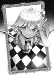  1girl checkered_floor closed_mouth commentary crystal english_commentary flandre_scarlet foreshortening full_body greyscale highres looking_at_viewer monochrome one_side_up red_eyes short_hair smile solo touhou twitter_username vrabius w wings 