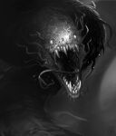  2023 ambiguous_gender black_and_white fangs feral horror_(theme) looking_at_viewer monochrome monster open_mouth raironu sharp_teeth snout solo teeth twig 