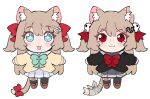  2girls animal_ears aqua_bow aqua_bowtie black_skirt blue_eyes bow bowtie brown_footwear brown_hair cardigan cat_ears cat_tail character_doll hair_bow indie_virtual_youtuber loafers long_hair looking_at_viewer multiple_girls neuro-sama pasharuu red_bow red_bowtie red_eyes shoes simple_background skirt sparkling_eyes tail tail_bow tail_ornament two_side_up virtual_youtuber white_background yellow_cardigan 