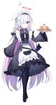  a.r.o.n.a_(blue_archive) absurdres alternate_costume blue_archive blush enmaided expressionless food full_body grey_eyes grey_hair hair_over_one_eye halo headband highres long_hair looking_at_viewer maid maid_headdress ohihil pancake pantyhose simple_background standing weapon white_background 