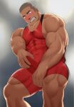  1boy bara blush bodysuit bulge buzz_cut clenched_teeth clothed_masturbation covered_abs covered_navel erection erection_under_clothes feet_out_of_frame from_below highres kansuke_(kansuke_717) large_pectorals male_focus male_masturbation masturbation muscular muscular_male nipple_slip nipples original pectoral_cleavage pectorals red_bodysuit short_hair sideburns sidepec singlet solo standing stomach sweatdrop teeth thick_eyebrows thick_thighs thighs veins veiny_arms very_short_hair 