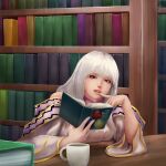  1girl book bookshelf circlet coffee_cup commission commissioner_upload cup disposable_cup finger_to_mouth fire_emblem fire_emblem:_genealogy_of_the_holy_war fire_emblem_heroes highres holding holding_book indoors julia_(fire_emblem) library loptoart open_mouth purple_eyes reading signature sitting table white_hair 