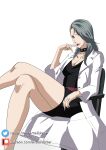  1girl belt black_dress breasts chair cleavage collar collarbone cosplay crossed_legs dress excaliblader feet_out_of_frame finger_to_mouth grey_hair highres labcoat lipstick long_hair looking_at_viewer makeup medium_breasts niijima_sae office_chair patreon_username persona persona_5 red_lips sitting solo studded_belt studded_collar swivel_chair takemi_tae takemi_tae_(cosplay) thighs twitter_username white_background 