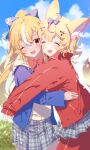  2girls absurdres alternate_costume animal_ear_fluff animal_ears blonde_hair blue_bow blue_jacket blue_sky blurry blurry_background blush bow bowtie closed_eyes cloud commentary cowboy_shot dark-skinned_female dark_skin day elf fox_ears fox_girl fox_tail grass grey_skirt hair_bow hair_ornament high_ponytail highres hololive hug jacket kio_is_here long_hair long_sleeves looking_at_another multicolored_hair multiple_girls omaru_polka one_eye_closed open_mouth outdoors pants pink_hair plaid plaid_skirt pointy_ears red_bow red_bowtie red_jacket red_pants school_uniform shiranui_flare shirt short_hair skirt sky smile streaked_hair tail teeth upper_teeth_only virtual_youtuber x_hair_ornament yellow_shirt 