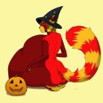  2d_animation animated anthro anthro_pred belly blinking butt clothing digital_media_(artwork) food fruit hair halloween hat headgear headwear hi_res holidays jack-o&#039;-lantern looking_at_viewer male nude paws plant pumpkin short_playtime simple_background smile tail vivvanne vore widescreen 