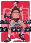  1boy abs bara biting biting_clothes black_footwear black_gloves black_male_underwear black_tank_top border clothes_lift clothes_pull dumbbell exercise fingerless_gloves full_body gloves gym highres holding looking_at_viewer male_focus male_underwear maorenc muscular muscular_male navel nipples original pectorals red_background red_headwear shirt_lift shoes short_hair shorts shorts_pull socks solo tank_top underwear white_border white_hair white_socks 