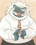  2023 anthro blue_body bottomwear cellphone clothing crave_saga garouzuki hi_res kemono male mammal necktie overweight overweight_male pants phone raikiri_(crave_saga) scar shirt simple_background smartphone solo suid suina sus_(pig) topwear wild_boar 