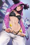  1girl abs black_bra black_nails black_panties bra breasts candy cleavage clothes_pull cosplay food food_in_mouth graffiti han_juri heterochromia highres hood hood_up kigurumi lollipop multicolored_hair muscular muscular_female neoartcore official_alternate_costume official_alternate_hairstyle pajamas panties pink_pajamas smile solo street_fighter street_fighter_6 toned twintails underwear unzipped zipper_pull_tab 