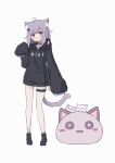  1girl absurdres animal animal_ear_fluff animal_ears black_choker black_footwear black_hoodie braid cat cat_ears cat_girl cat_tail choker full_body hayashi_maka highres hood hood_down hoodie light_purple_hair long_sleeves looking_at_viewer no_pants o-ring o-ring_choker original purple_eyes short_hair simple_background sleeves_past_fingers sleeves_past_wrists smile standing tail white_background 