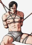 1boy abs absurdres arms_behind_back bara bdsm black_hair blood bondage bound boxers bulge chain chainsaw_man feet_out_of_frame frown highres katana_man_(chainsaw_man) long_sideburns looking_at_viewer male_focus male_underwear navel nipples parted_bangs pectorals short_hair sideburns sitting smokerichi solo spread_legs stomach thighs toned toned_male topless_male underwear unfinished white_male_underwear 