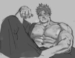  1boy abs bara bare_pectorals blood boiled_heroes boku_no_hero_academia breath bruise cropped_legs endeavor_(boku_no_hero_academia) facial_hair greyscale injury japanese_clothes kimono knee_up large_pectorals looking_at_viewer male_focus mature_male monochrome muscular muscular_male nipples no_scar nosebleed open_clothes open_kimono pectorals short_hair sideburns sketch solo spiked_hair stomach stubble sweat veins veiny_arms 