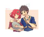  1girl aged_up baby blush carrying closed_eyes earrings father_and_daughter glimmer_(xenoblade) headpiece highres holding_baby jewelry mochimochi_(xseynao) mother_and_child official_alternate_costume pyra_(xenoblade) red_hair rex_(xenoblade) short_hair smile swept_bangs tiara xenoblade_chronicles_(series) xenoblade_chronicles_2 xenoblade_chronicles_3 xenoblade_chronicles_3:_future_redeemed 