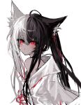  1girl absurdres alice_mana animal_ear_fluff animal_ears bare_shoulders black_hair blush fang fox_ears grey_hair hair_between_eyes highres indie_virtual_youtuber long_hair looking_at_viewer looking_to_the_side multicolored_hair off_shoulder open_mouth raeee red_eyes simple_background solo two-tone_hair very_long_hair virtual_youtuber white_background 