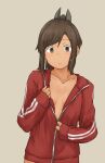  1girl breasts brown_eyes brown_hair chagamaka grey_background hair_ornament highres i-401_(kancolle) jacket kantai_collection looking_at_viewer naked_jacket open_clothes open_jacket ponytail red_jacket short_hair simple_background small_breasts solo track_jacket upper_body 