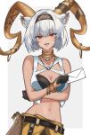  1girl :d animal_ears arknights belt black_belt black_gloves black_hairband bracelet carnelian_(arknights) commentary_request dark_skin gloves hairband highres holding holding_letter horns jewelry letter looking_at_viewer mabing midriff navel neck_ring open_mouth red_eyes short_hair smile solo stomach upper_body white_hair 