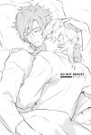  2boys brothers clive_rosfield closed_eyes cuddling facial_hair final_fantasy final_fantasy_xvi greyscale hair_between_eyes hand_in_another&#039;s_hair highres joshua_rosfield long_sleeves male_focus medium_hair monochrome multiple_boys pillow short_hair siblings sleeping stubble twitter_username under_covers upper_body yaoi zuwai_kani 