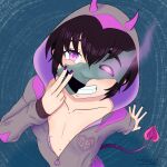  1girl absurdres breasts cosplay demon_tail freckles heart heart_tail highres hood horns kigurumi mask nzer0j open_clothes original purple_eyes purple_nails self-upload short_hair simple_background small_breasts smile solo tail 