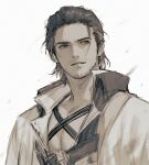  1boy adventurer_(ff14) black_hair bread final_fantasy final_fantasy_xiv final_fantasy_xiv_dawntrail food highres hyur light_smile long_hair male_focus mature_male rokuhashi_8 scar shirt warrior_of_light_(ff14) 