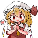  1girl :d blood blood_on_arm blood_on_clothes chibi crystal flandre_scarlet hair_between_eyes hands_up hat heart kasuya_baian looking_at_viewer medium_hair mob_cap necktie one_side_up own_hands_clasped own_hands_together simple_background smile solo spoken_heart straight-on touhou white_background wing_collar wings yellow_necktie 