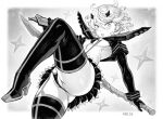  1girl 2023 ass blush boots breasts cosplay curly_hair dress garter_straps high_heel_boots high_heels holding holding_sword holding_weapon kill_la_kill leg_lift leg_up legs light_smile looking_at_viewer mogudan monochrome one-punch_man partially_visible_vulva pussy senketsu short_hair shrug_(clothing) simple_background skirt small_breasts smile solo suspender_skirt suspenders sword tatsumaki thick_thighs thighhighs thighs underboob weapon wide_hips 