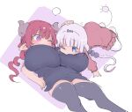 2girls black_dress black_thighhighs blue_eyes breasts commentary_request cool-kyou_shinja dragon_girl dragon_horns dragon_tail dress headpat highres horns huge_breasts ilulu_(maidragon) kanna_kamui kobayashi-san_chi_no_maidragon long_hair long_sleeves multiple_girls pink_dress pointy_ears red_eyes red_hair short_sleeves simple_background sketch tail thighhighs white_thighhighs 