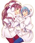  2girls :d apple blue_eyes blue_hair blue_pantyhose bow buttons capelet earmuffs fangs floating_hair food fortissimo fruit hair_bow hair_ornament holding_hands hood long_hair mahou_shoujo_madoka_magica miki_sayaka mittens multiple_girls musical_note musical_note_hair_ornament open_mouth pantyhose pikachi pleated_skirt ponytail red_eyes red_hair red_pantyhose sakura_kyouko short_hair skirt smile suspenders white_bow white_capelet white_mittens winter_clothes 