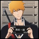  1boy barbie_mugshot_(meme) black_kimono bleach bleach:_the_thousand-year_blood_war card character_name chest_tattoo closed_mouth english_commentary hair_between_eyes height_chart height_mark highres holding holding_card holding_sign japanese_clothes kimono kurosaki_ichigo looking_at_viewer male_focus meme mugshot orange_hair rozuberry shinigami sign spiked_hair sword sword_on_back tattoo upper_body weapon weapon_on_back zanpakutou 