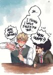  2boys afro alcohol black_hair blonde_hair blush bottle cup drinking_straw drunk earrings english_text franky_franklin glasses highres holding holding_cup jewelry multiple_boys overflowing rusky speech_bubble spy_x_family surprised sweatdrop twilight_(spy_x_family) wine wine_bottle 