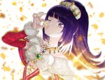  1girl blue_gemstone blunt_bangs blurry blurry_background coin commentary_request detached_sleeves dress fur-trimmed_dress fur-trimmed_sleeves fur_trim gem gold_necklace gold_trim green_gemstone hanazono_shuka hand_up holding holding_coin idol_clothes idol_time_pripara jewelry kissing_object long_hair looking_at_viewer money_rain murakami_hisashi necklace one_eye_closed open_mouth pink_lips ponytail pretty_(series) pripara purple_eyes purple_hair red_dress solo sparkle tiara upper_body white_background 