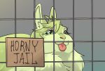  alternate_species ambiguous_gender cage caged countershade_face countershade_fur countershading eyelashes feral feralized fluffy fur furrification go_to_horny_jail gone_birdy green_body green_eyes green_fur lagomorph leporid lidded_eyes mammal meme nu:_carnival olivine_(nu:_carnival) rabbit smile solo tongue tongue_out 