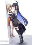  2girls against_wall black_hair blonde_hair boots colored_inner_hair eye_contact height_difference high_heel_boots high_heels highres hololive hololive_english lauren_phillips_lifting_alice_merchesi_(meme) lifting_person long_hair looking_at_another meme multicolored_hair multiple_girls nerissa_ravencroft nervous tall_female virtual_youtuber watson_amelia you_gonna_get_raped yuri zedd_(zedgawr) 