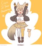  1girl animal_ears blonde_hair boots camisole coroha coyopotato coyote_(kemono_friends) extra_ears fang full_body gloves jacket jumping kemono_friends kemono_friends_v_project kneehighs looking_at_viewer orange_background short_hair simple_background skirt socks tail v virtual_youtuber wolf_ears wolf_girl wolf_tail 