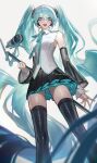  1girl :d absurdly_long_hair absurdres aqua_eyes aqua_hair aqua_ribbon bare_shoulders black_skirt black_thighhighs breasts detached_sleeves hatsune_miku highres holding holding_microphone_stand long_hair looking_at_viewer looking_down microphone microphone_stand miku_day neck_ribbon open_mouth rhine_(overtonerhine) ribbon skirt small_breasts smile solo standing thighhighs twintails very_long_hair vocaloid 