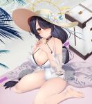  1girl absurdres bare_legs bare_shoulders barefoot beach bikini black_bikini black_hair blue_archive blush breasts choker cleavage closed_mouth collarbone crossed_fingers flower full_body hair_over_one_eye halo hat hat_flower highres hinata_(blue_archive) hinata_(swimsuit)_(blue_archive) jewelry large_breasts long_hair looking_at_viewer mole musi_tino off_shoulder official_alternate_costume palm_tree red_eyes ribbon side-tie_bikini_bottom sitting sleeveless smile solo sun_hat swimsuit thighs tree very_long_hair wariza water white_swimsuit 