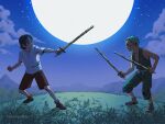  1boy 1girl aged_down artist_name blue_hair cloud cloudy_sky fighting_stance full_body full_moon grass green_hair highres holding holding_sword holding_weapon japanese_clothes katana kuina looking_at_another moon nakamurakleo night night_sky on_grass one_piece outdoors roronoa_zoro short_hair shorts sky smile standing star_(sky) sword teeth traditional_clothes weapon 