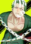  1boy abs alternate_eye_color bare_pectorals blue_eyes chain clenched_teeth collarbone disembodied_limb earrings empty_eyes fulenimenle green_hair green_kimono heterochromia highres holding_another&#039;s_head japanese_clothes jewelry kimono looking_at_viewer male_focus muscular muscular_male one_piece pectorals restrained roronoa_zoro scar scar_across_eye short_hair solo teeth v-shaped_eyebrows yellow_background 