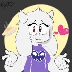  &lt;3 1:1 2023 anthro big_ears biped bovid breasts caprine clothing dessert eyelashes female food fur goat hi_res horn long_ears looking_at_viewer mammal meggiebun monster multicolored_clothing pie purple_clothing red_eyes signature solo topwear toriel two_tone_clothing undertale_(series) white_body white_clothing white_ears white_fur white_horn 