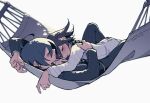  2boys ahoge artist_name between_thighs black_hair blush checkered_clothes checkered_scarf closed_eyes closed_mouth cuddling danganronpa_(series) danganronpa_v3:_killing_harmony dappled_sunlight evercelle from_side hair_between_eyes hammock knee_up lying lying_on_person male_focus multiple_boys oma_kokichi pinstripe_pattern pinstripe_suit purple_hair saihara_shuichi scarf short_hair sleeping smile straitjacket striped suit sunlight white_background yaoi 