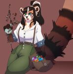  ailurid anthro bag belt blue_eyes bristled_fur chest_tuft clothing ear_piercing ear_ring explosion female hair hi_res holding_object mammal piercing plasticrain ponytail potion_bottle red_panda ring_piercing scar sequence shirt solo surprised_expression suspenders tail topwear tuft zettra_thorn 