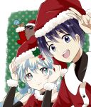  +_+ 1boy 1girl animal_on_head boota_(ttgl) candy christmas detached_sleeves dress food fur_trim hat jacket lollipop looking_at_viewer mole_(animal) nia_teppelin on_head open_mouth red_dress red_headwear red_jacket sagaku_denpyou santa_costume santa_dress santa_hat simon_(ttgl) smile snowman_earrings swirl_lollipop symbol-shaped_pupils teeth tengen_toppa_gurren_lagann upper_body upper_teeth_only v 