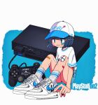  1girl bandaid bandaid_on_cheek bandaid_on_face bandaid_on_knee bandaid_on_leg baseball_cap blue_background blue_eyes blue_hair blue_shorts blunt_bangs bob_cut breasts colored_inner_hair dark_blue_hair denim denim_shorts game_console hat highres knees_up multicolored_hair nao97122 nike original outside_border parted_lips pink_hair playstation_2 playstation_controller product_placement ribbed_socks shirt shirt_tucked_in shoes short_hair short_shorts short_sleeves shorts sitting small_breasts sneakers socks solo white_background white_footwear white_headwear white_shirt white_socks 