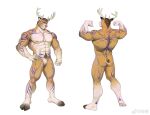  1boy animal_ears antlers armpit_hair ass back bara body_markings bone_armor bulge chest_tuft completely_nude deer_antlers deer_boy deer_ears deer_tail double_biceps_pose flexing frde from_behind furry furry_male hand_on_own_hip hands_up highres large_pectorals looking_at_viewer male_focus mature_male moon_tattoo muscular muscular_male navel navel_hair nipples nude original pectorals short_hair sideburns smile standing tail thick_eyebrows thick_thighs thighs white_background 